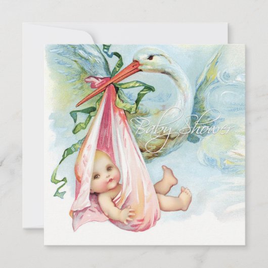 Blauwgroen blauw en roze  ooievaar Baby shower Kaart (Voorkant)