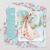 Blauwgroen blauw en roze ooievaar Baby shower Kaart (Voorkant / Achterkant)