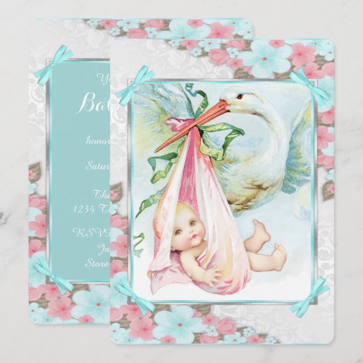 Blauwgroen blauw en roze ooievaar Baby shower Kaart (Voorkant / Achterkant)