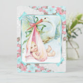 Blauwgroen blauw en roze ooievaar Baby shower Kaart (Staand voorkant)