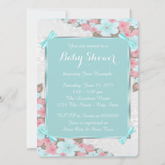 Blauwgroen blauw en roze ooievaar Baby shower Kaart (Achterkant)