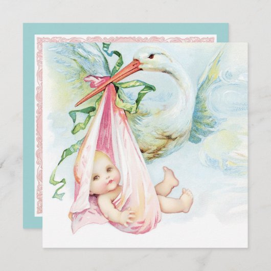 Blauwgroen blauw en roze  ooievaar Baby shower Kaart (Voorkant / Achterkant)