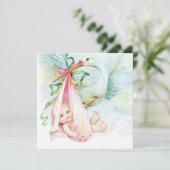 Blauwgroen blauw en roze  ooievaar Baby shower Kaart (Staand voorkant)