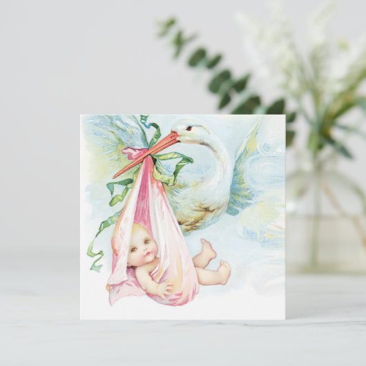 Blauwgroen blauw en roze  ooievaar Baby shower Kaart (Staand voorkant)