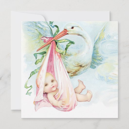 Blauwgroen blauw en roze  ooievaar Baby shower Kaart (Voorkant)