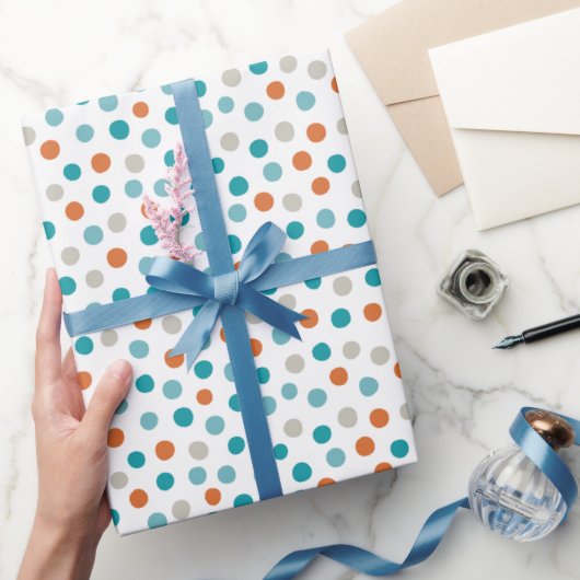 Blauwgroen Blauw en Sinaasappel Polka Dots Verpakk Cadeaupapier (Geschenken)