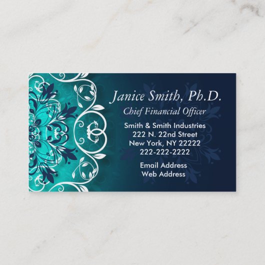 Blauwgroen, blauw en wit bloemenkransen mandala visitekaartje (Achterkant)