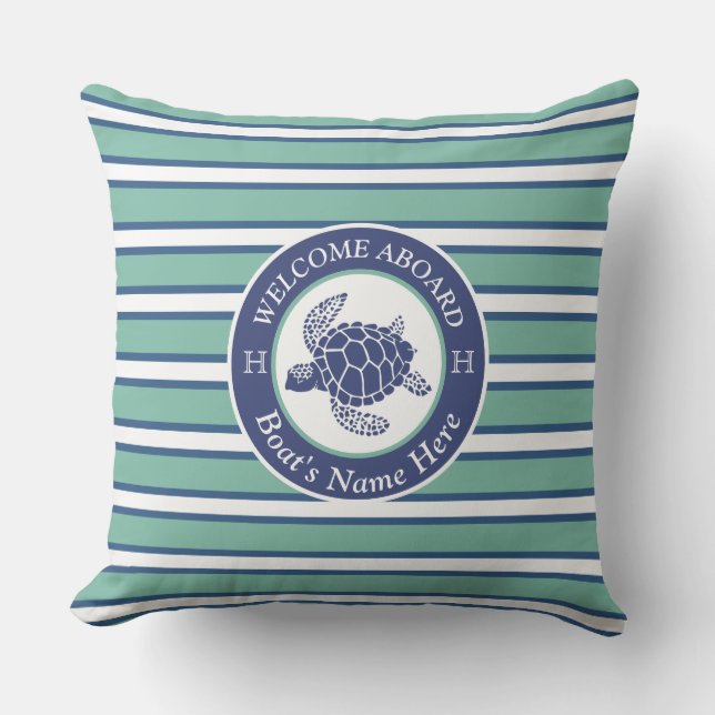 Blauwgroen Blauw en Wit Gestreepte Zeeen Schildpad Buitenkussen (Voorkant)