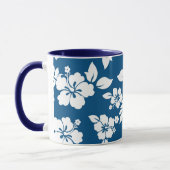 Blauwgroen blauw en wit Hibiscus floreel patroon Mok (Links)
