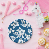 Blauwgroen blauw en wit Hibiscus floreel patroon Papieren Bordje (Feest)