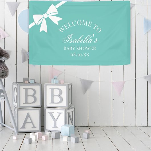 Blauwgroen blauw en wit lintboog Baby shower welko Spandoek
