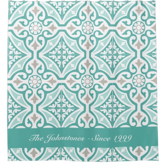 Blauwgroen Blauw en Wit Marokkaans Trellis Tegel P Douchegordijn (Voorkant)