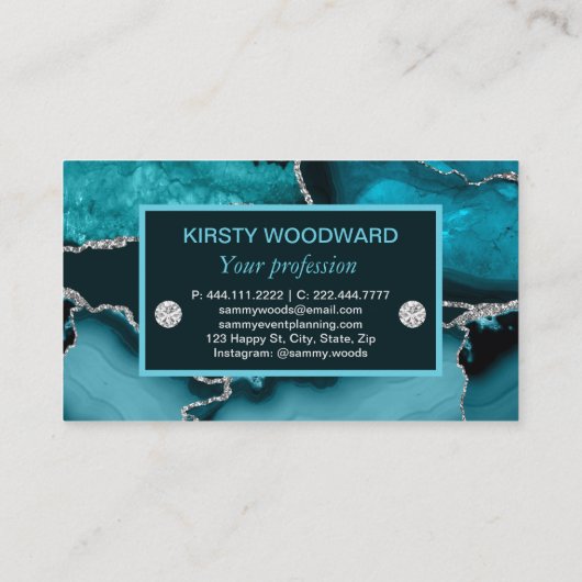 Blauwgroen blauw en zilver glitteragaat visitekaartje (Achterkant)