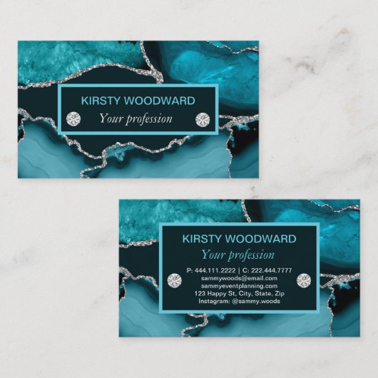 Blauwgroen blauw en zilver glitteragaat visitekaartje (Voorkant / Achterkant)