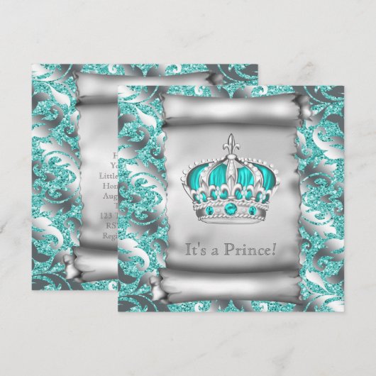 Blauwgroen blauw en zilver Prince Boy Baby shower Kaart (Voorkant / Achterkant)