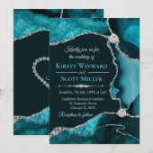 Blauwgroen blauw en zilveren glitter Agate Wedding Kaart (Voorkant / Achterkant)