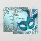 Blauwgroen blauw en zilveren masker maskerade part kaart (Voorkant / Achterkant)