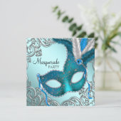 Blauwgroen blauw en zilveren masker maskerade part kaart (Staand voorkant)
