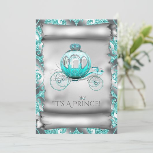 Blauwgroen Blauw en Zilveren Prins Baby shower Kaart (Staand voorkant)