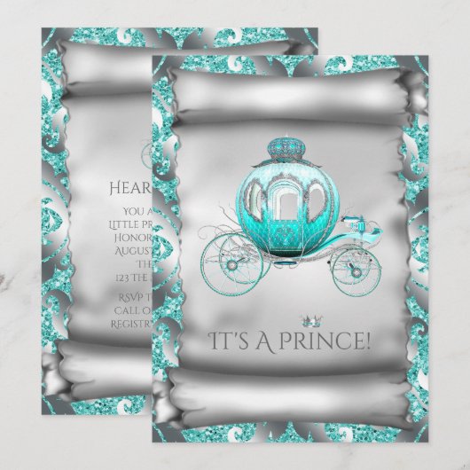 Blauwgroen Blauw en Zilveren Prins Baby shower Kaart (Voorkant / Achterkant)