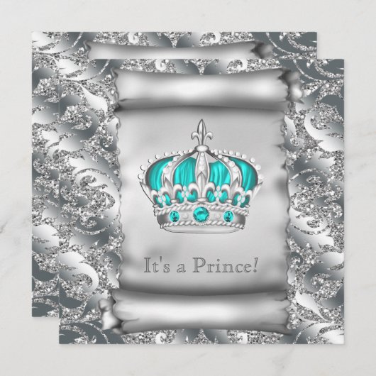 Blauwgroen Blauw en Zilveren Prins Baby shower Kaart (Voorkant / Achterkant)