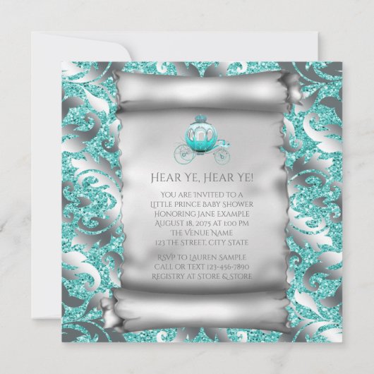 Blauwgroen Blauw en Zilveren Prins Baby shower Kaart (Achterkant)