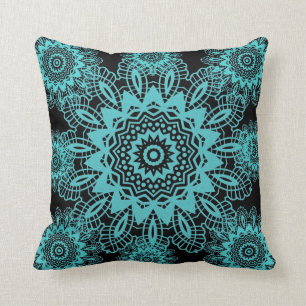 Blauwgroen Blauw en Zwart Geheime Lace Snowflake M Kussen