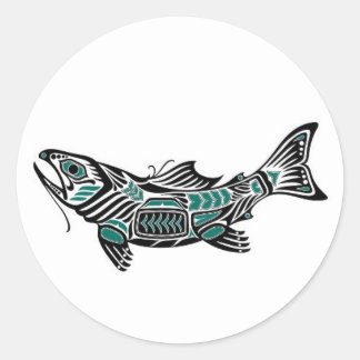 Blauwgroen Blauw en Zwart Haida Spirit Fish Ronde Sticker
