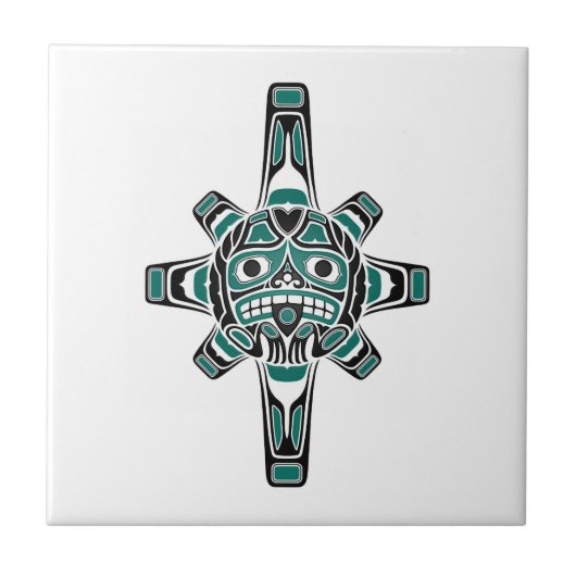 Blauwgroen blauw en zwart Haida Sun-masker op wit Tegeltje (Voorkant)