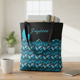 Blauwgroen blauw en zwart trendy bladeren met naam tote bag