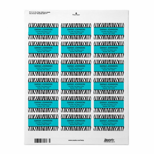 Blauwgroen Blauw en Zwart Zebra Etiket (Full Sheet)