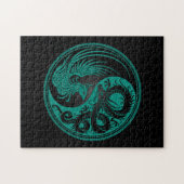 Blauwgroen Blauw en Zwarte Dragon Phoenix Yin Yang Legpuzzel (Horizontaal)