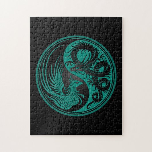 Blauwgroen Blauw en Zwarte Dragon Phoenix Yin Yang Legpuzzel (Verticaal)