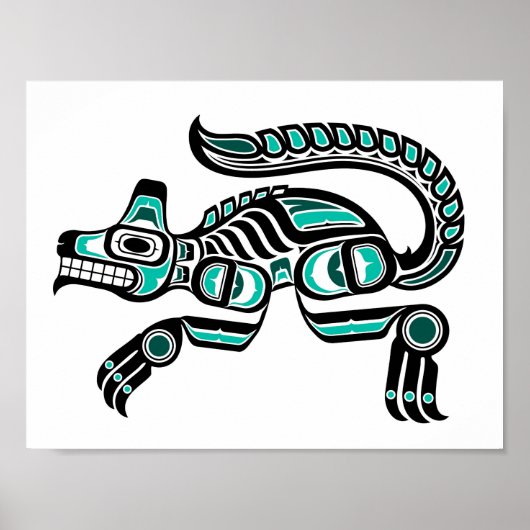 Blauwgroen blauw en zwarte Haida Spirit Wolf Poster (Voorkant)