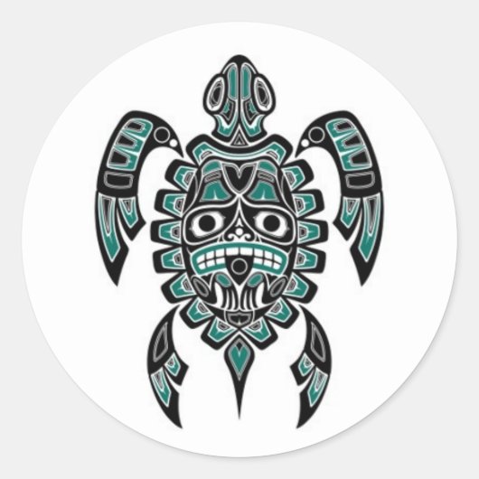 Blauwgroen blauw en zwarte Haida Spirit Zee Turtle Ronde Sticker (Voorkant)