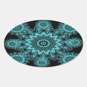 Blauwgroen Blauw en Zwarte Lace Snowflake Mandala Ovale Sticker