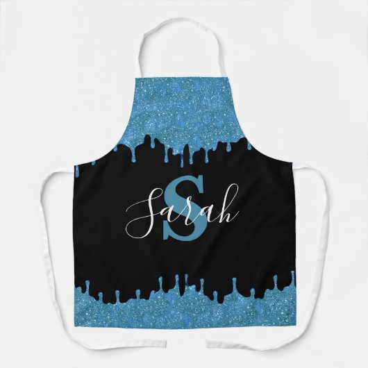 Blauwgroen blauw- en zwarte monogram Glitter-schij Schort (Voorkant)