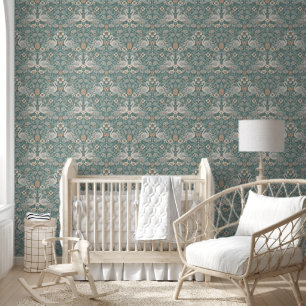 Blauwgroen Blauw Flamingo Bloemen Damask Behang