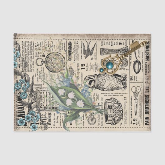 Blauwgroen Blauw-Floral Ephemera-ontledingspapier Tissuepapier (Voorkant)