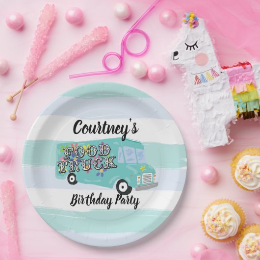 Blauwgroen Blauw Foodtruck Verjaardagsfeestje Cust Papieren Bordje (Feest)