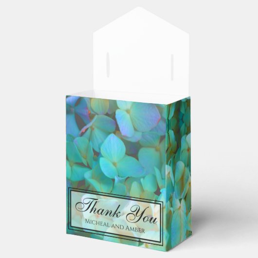 Blauwgroen blauw geel roze hortensia's bedankdoosjes (Geopend)