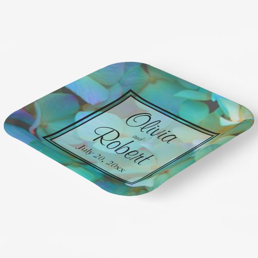 Blauwgroen blauw geel roze hortensia's papieren bordje (Gebogen)