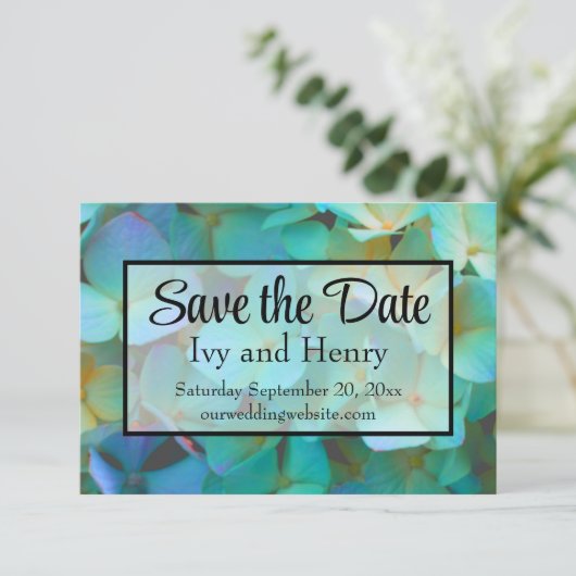 Blauwgroen blauw geel roze hortensia's save the date (Staand voorkant)