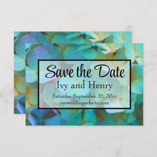 Blauwgroen blauw geel roze hortensia's save the date (Voorkant / Achterkant)