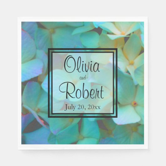 Blauwgroen blauw geel roze hortensia's servet (Voorkant)