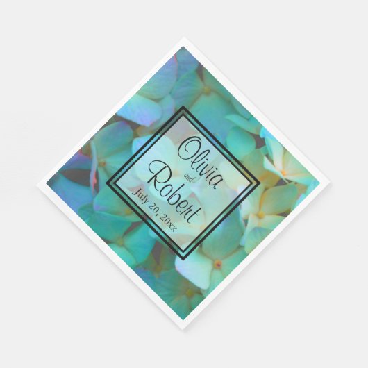 Blauwgroen blauw geel roze hortensia's servet (Hoek)