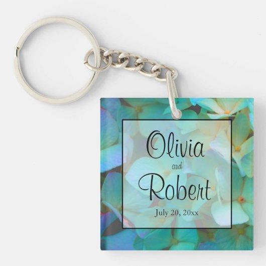 Blauwgroen blauw geel roze hortensia's sleutelhanger (voorkant)