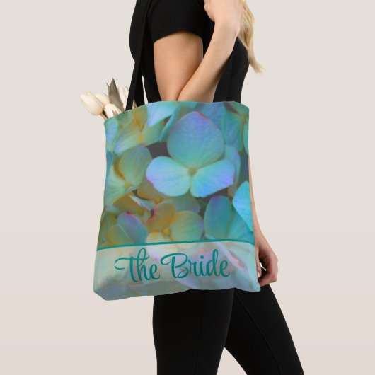 Blauwgroen blauw geel roze hortensia's tote bag (Dichtbij)