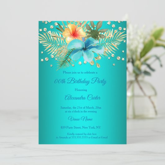 Blauwgroen blauw Gele goudpalmen bloemen Birthday Kaart (Staand voorkant)