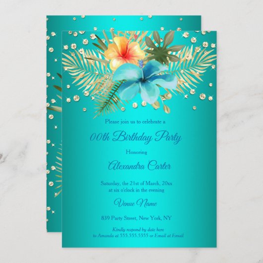 Blauwgroen blauw Gele goudpalmen bloemen Birthday Kaart (Voorkant / Achterkant)